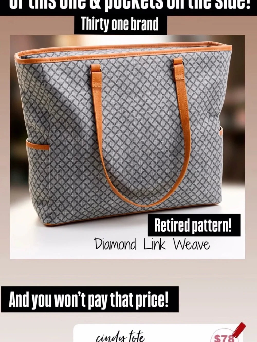 thirty-one Gray Diamond Link Weave Tote with Tan Trim
